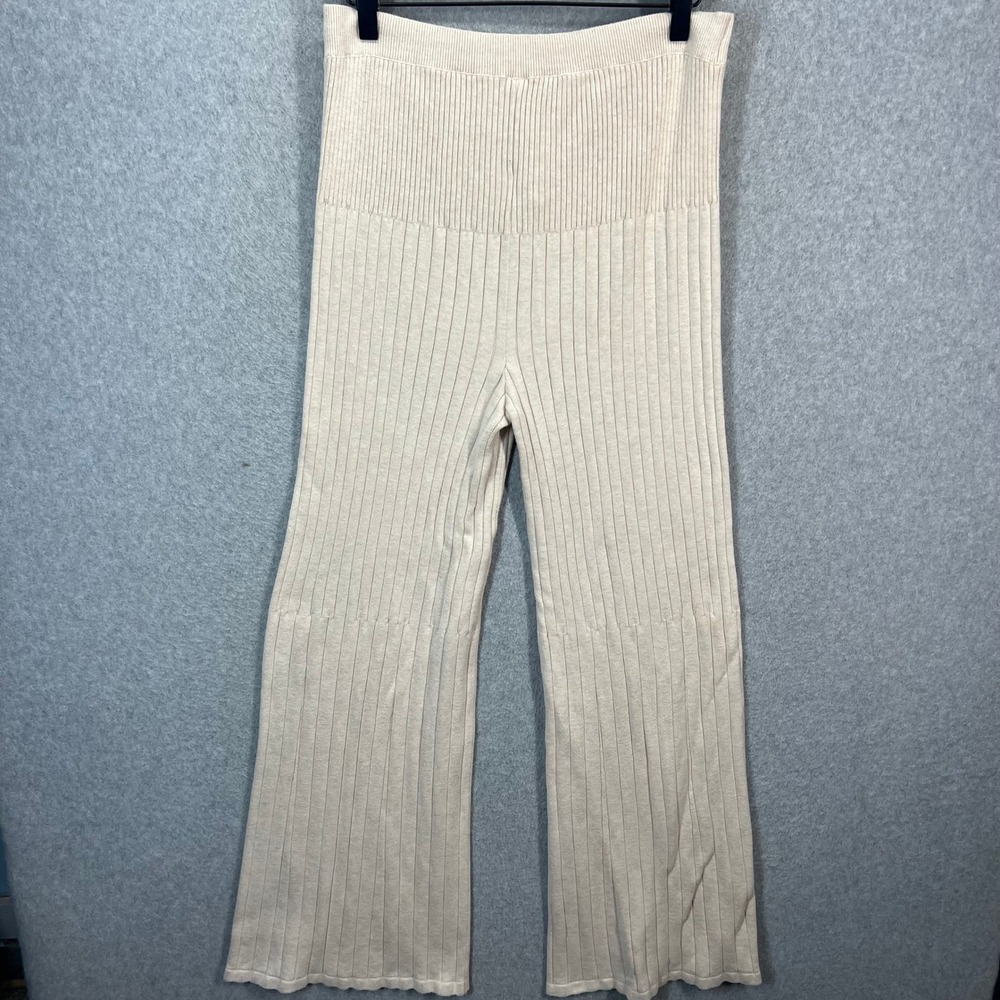 Free People Ribbed Knit Pants Women M Beige Wide Leg High Rise Stretch EUC - Picture 6 of 11